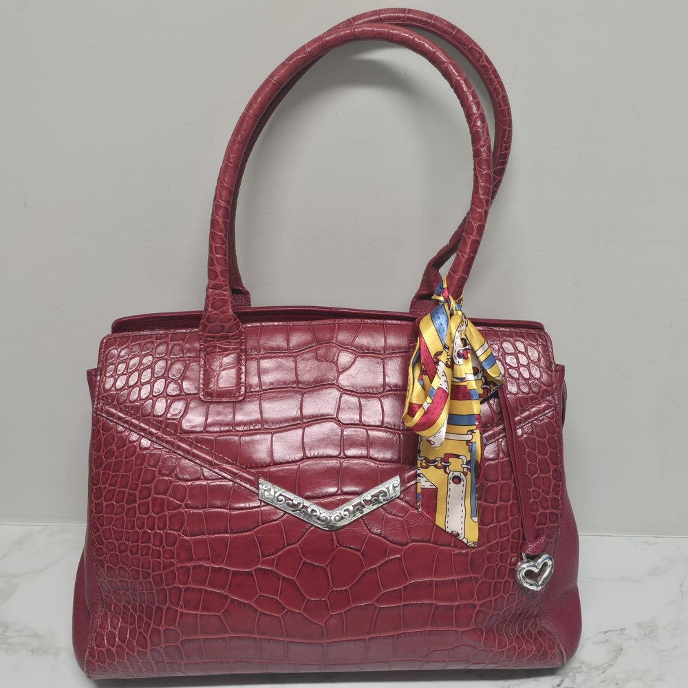 Brighton Red Croc-Embossed Tote Bag with Charm and Scarf